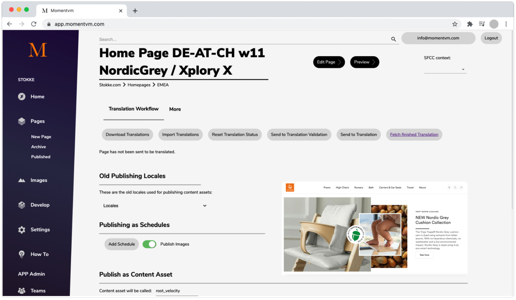 MOMENTVM CMS managing Stokke's localized DE-AT-CH home page and translation workflow