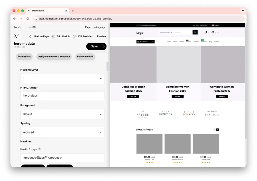 MOMENTVM-Editor: Seiten aus freigegebenen Modulen zusammensetzen, mit Live-Vorschau